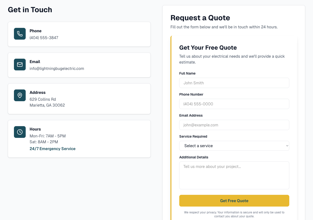 Contact page with quote request form, phone, email, and business hours