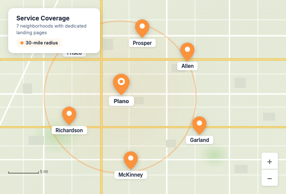 Map showing service coverage area with pins for 7 neighborhoods