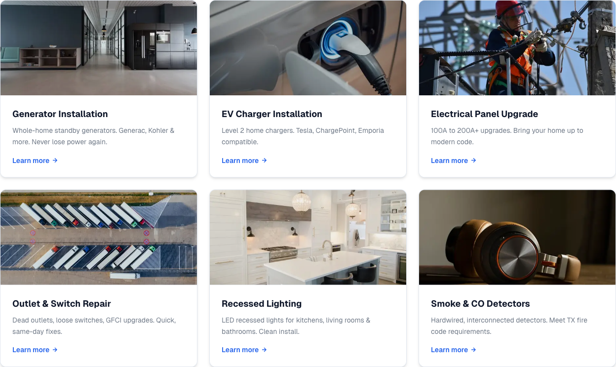 SEO service pages with keyword targeting, cost breakdowns, and NEC code references