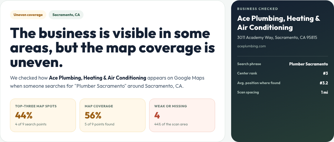 White-labeled prospect landing page showing local visibility summary for a Google Maps search